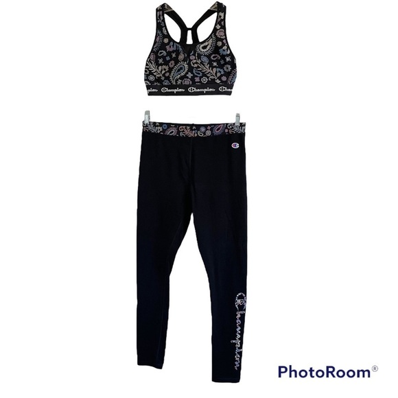 Champion Tops - Champion Bra & Logo Legging Workout Set Paisley Print Black Blue White Sz Large
